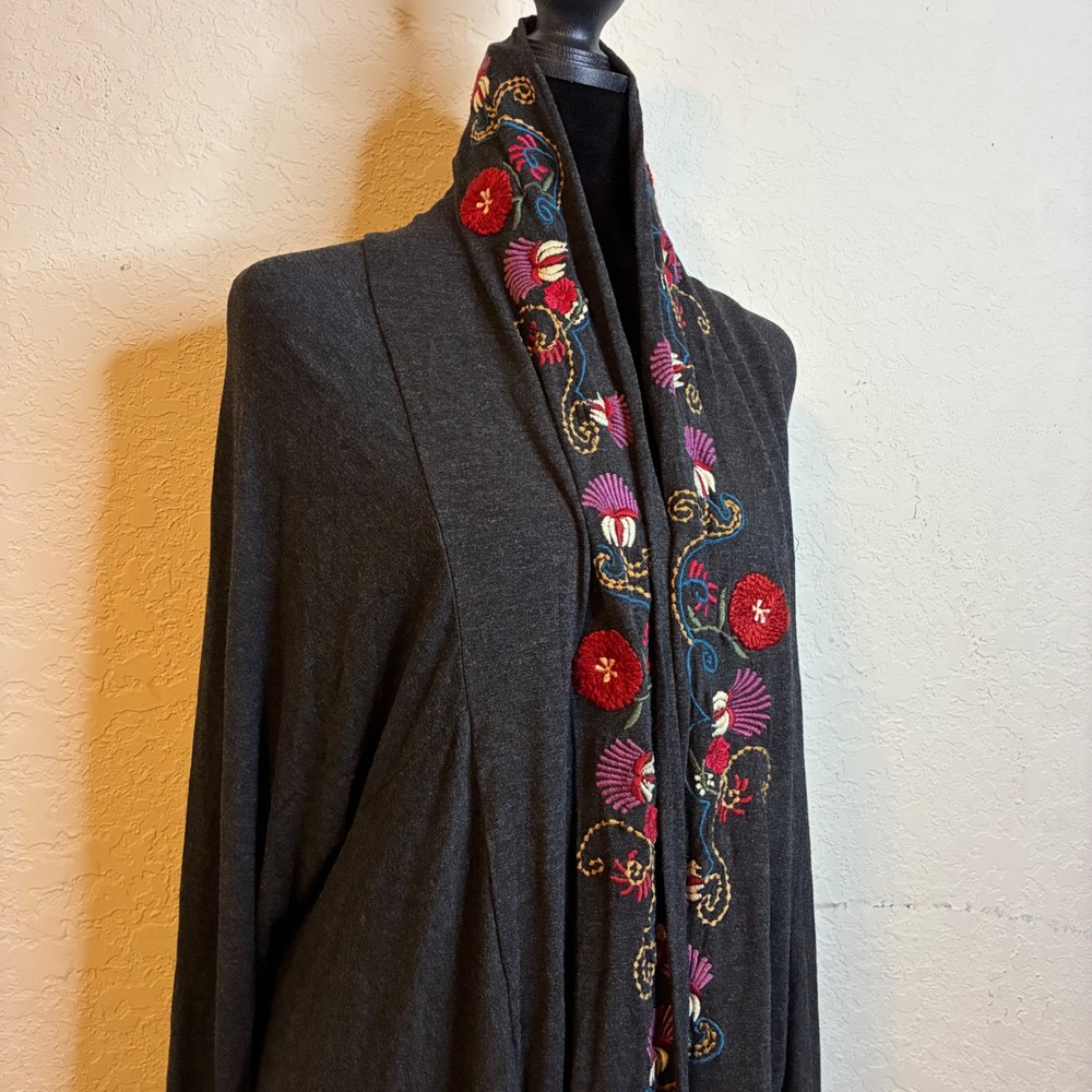 Caite Womens XL Charcoal Gray Floral Embroidered Open Front Cardigan Kimono Boho